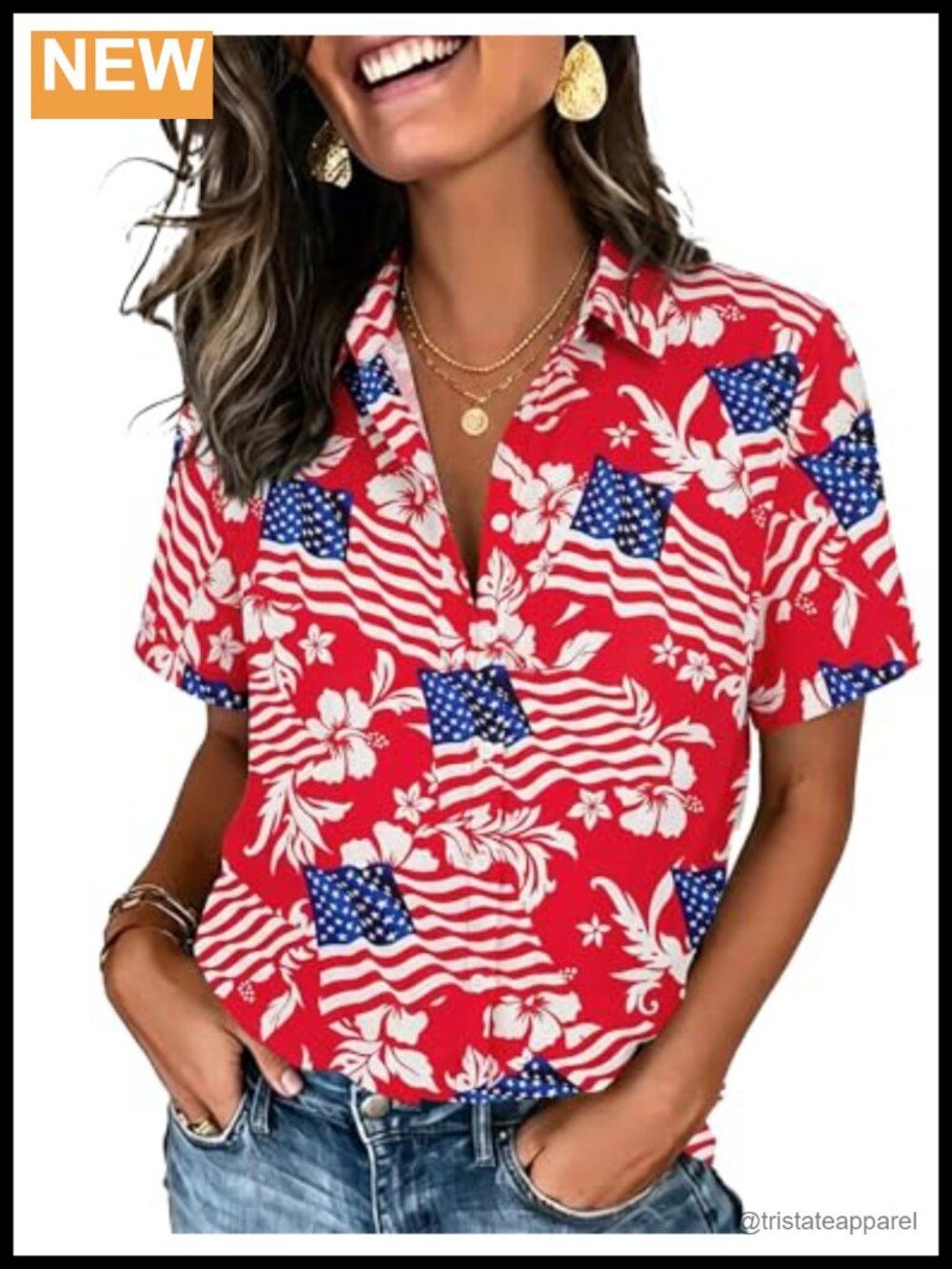 Patriotic Hawaiian Button Down Shirt Women USA Flag Summer Short Sleeve Tropical